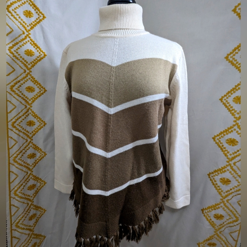 💙 ALFRED DUNNER 💙 Brown + White Fringed Turtleneck Sweater